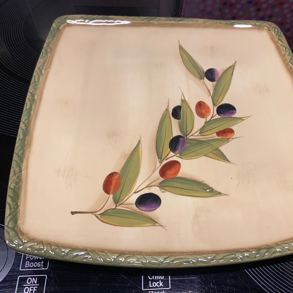 Appetizer Plate Antique Olive by CLAY ART hand pointed StoneLite 8.5 in SQUARE